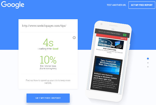 Google mobile speed test results