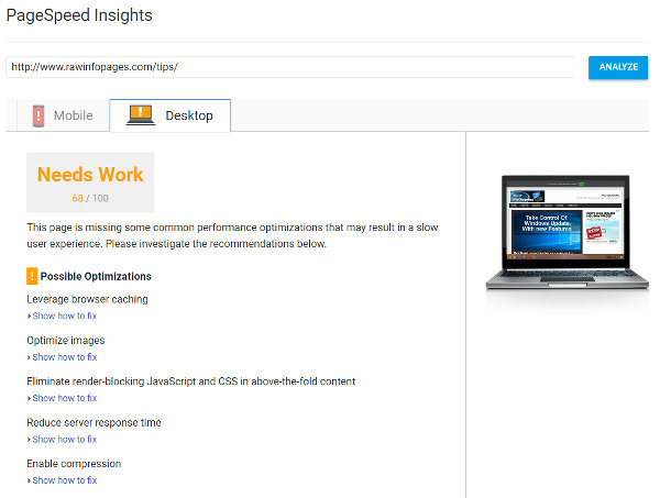 Google PageSpeed website performance test results