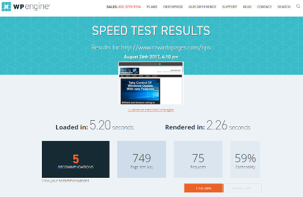 Website speed test results at WP Engine