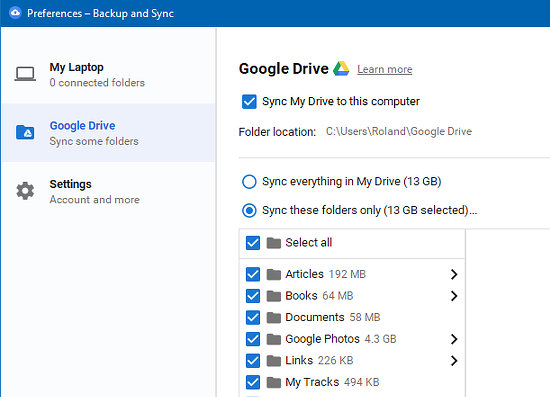 Select the folders to sync in Google Backup and Sync