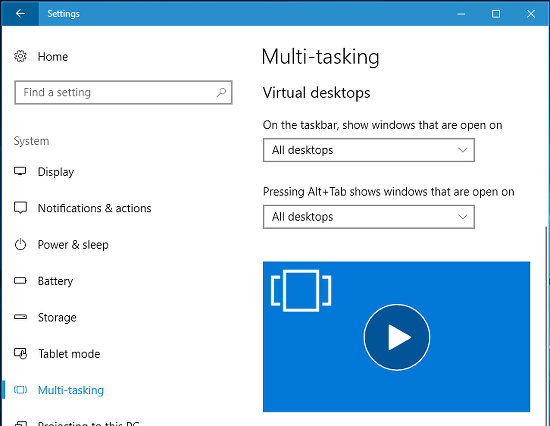 Windows 10 multi-tasking settings