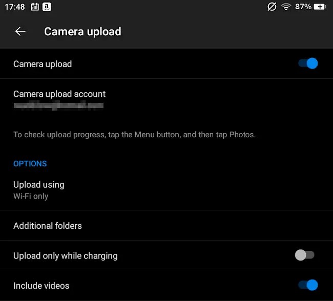 Settings in OneDrive app for Amazon Fire tablet