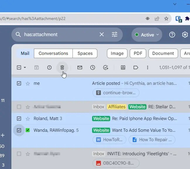 Delete emails with attachments in Gmail.