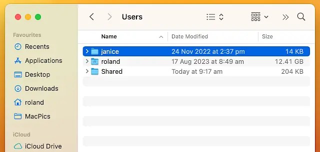 The Users folder shown in Finder on the Mac.