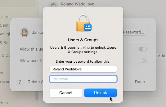 Admin functions require you to enter your password in macOS.