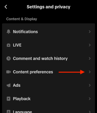 Settings and privacy in TikTok on a phone.