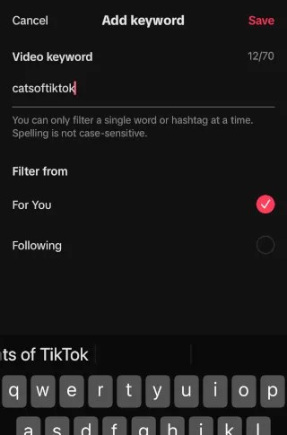 Enter a keyword to block in TikTok on a phone.