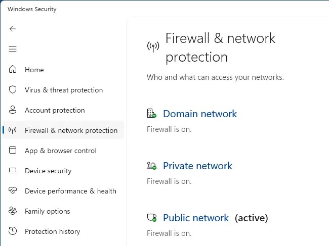 Firewall status in the Windows Security app.