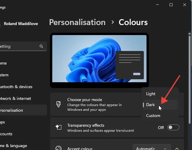 Select dark mode in Windows Settings.
