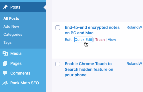 The WordPress posts list and editing options.