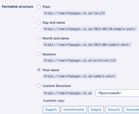 Choosing the WordPress permalink structure for a website.