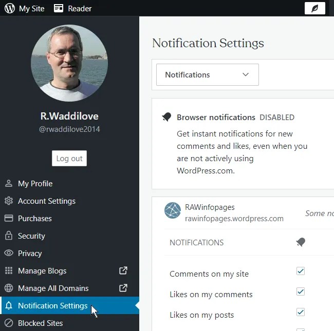 Notifications selected in a WordPress profile