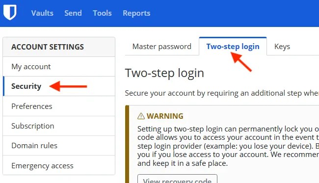 Bitwarden security options in your account.