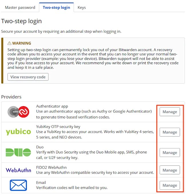 Two-steo login options in Bitwarden.