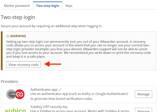 Get a Bitwarden recovery code.