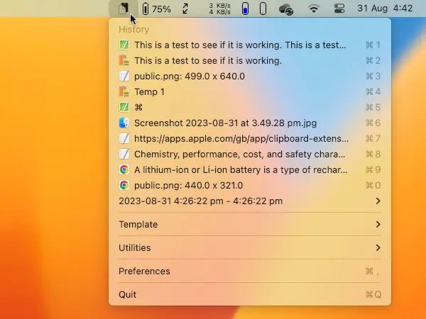 Screenshot of Clipboard Extension app for the Apple Mac.