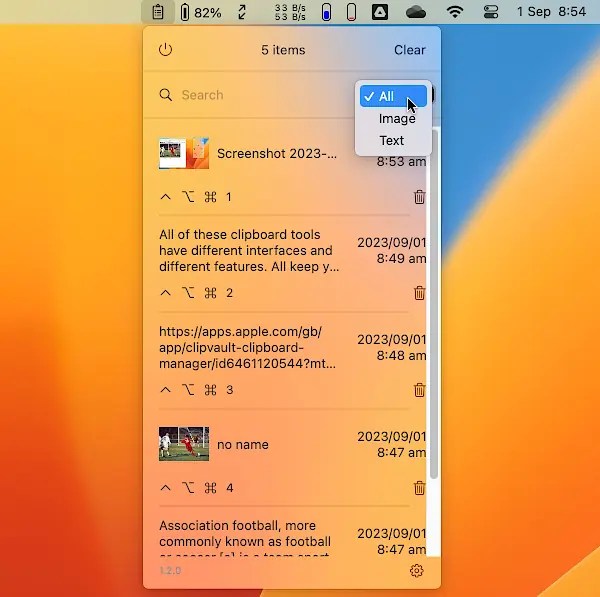 Screenshot of ClipVault app for the Apple Mac.
