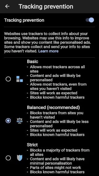 Microsoft Edge tracking prevention settings.