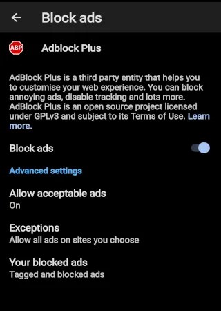Ad blocking settings in Microsoft Edge for Android phones.