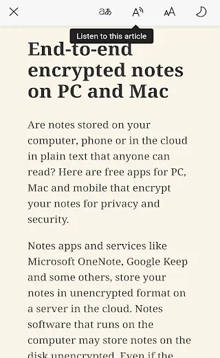 Microsoft Edge reader mode on an Android phone.