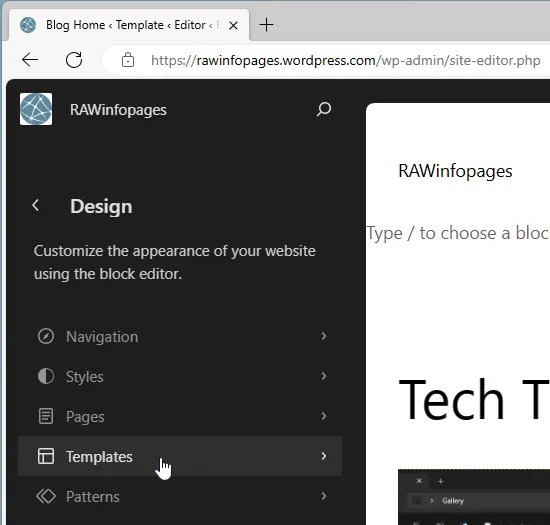 WordPress design menu in the editor.