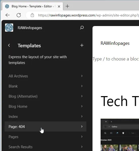 WordPress theme templates in the editor.