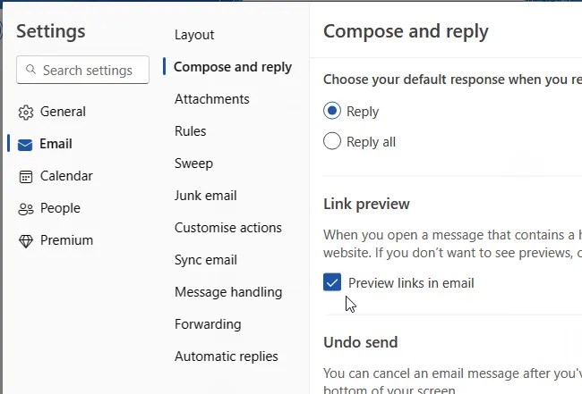 Link preview settings in Outlook.