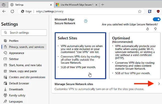 Microsoft Edge Secure Network VPN settings.