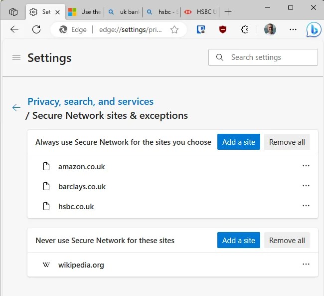 Add websites to Microsoft Edge VPN.