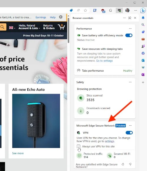 Show Outlook VPN in Edge's Browser Essentials panel.