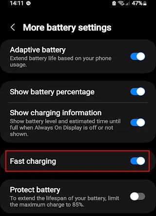 Fast charging or slow charging phone options in Settings.