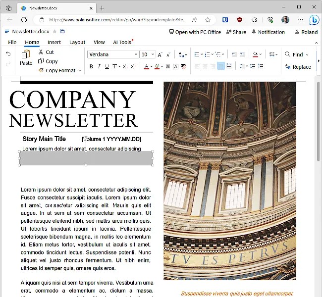 Polaris Office document editor web app in a web browser.