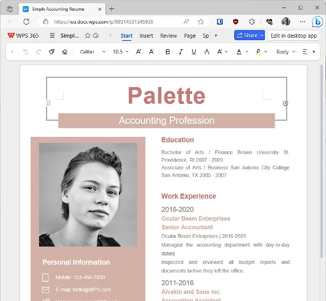 The word processor in WPS 365 office web apps.