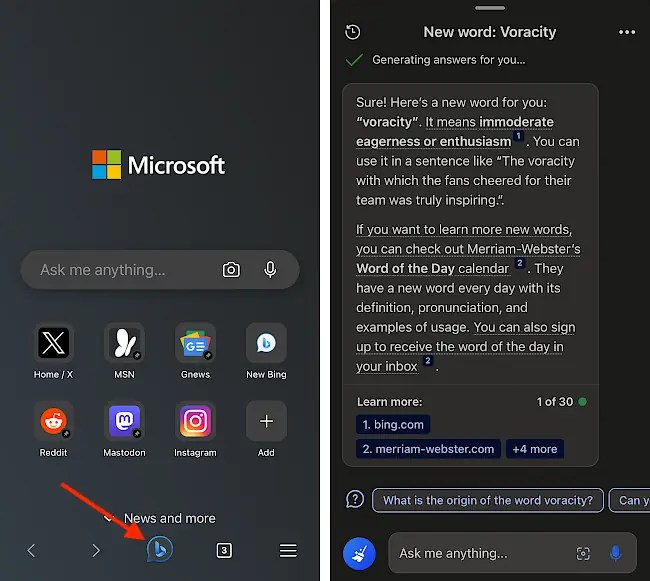 Bing Chat AI on a phone using Edge browser.