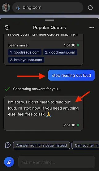 Stop Bing Chat reading aloud.