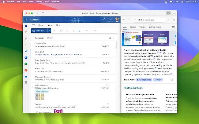 The search panel opened in the desktop app created by Edge on the Mac.