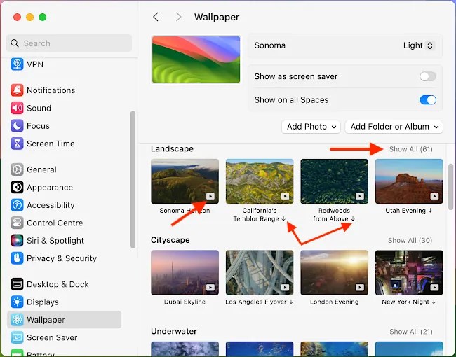 Video wallpapers in macOS Sonoma in the System Swettings app.