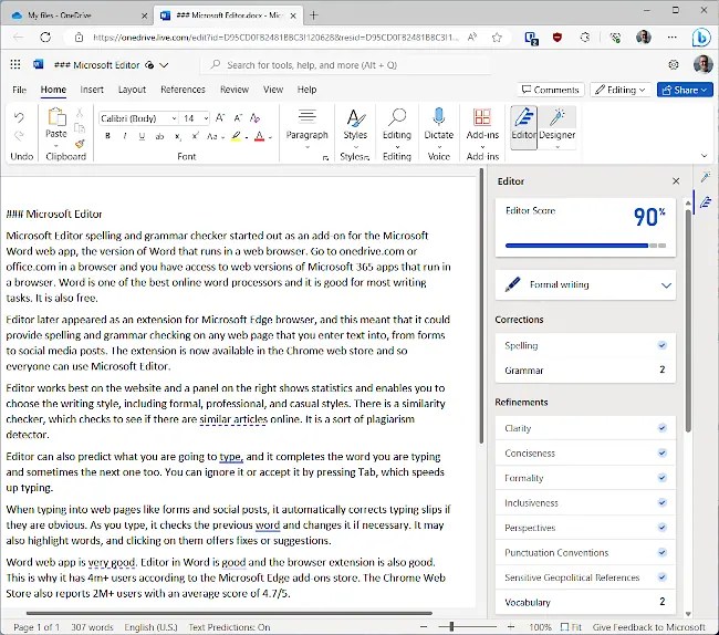 Microsoft Word web app and Microsoft Editor spelling and grammar checker.