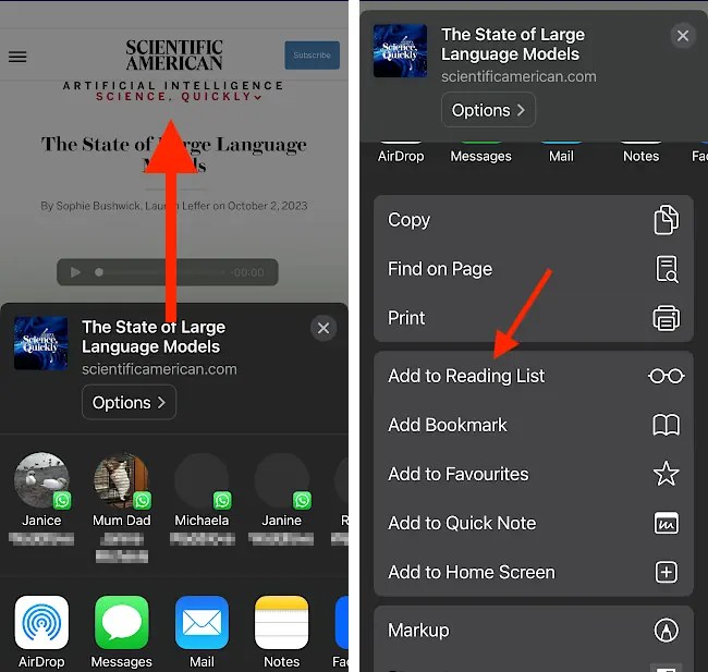 Safari share options on the iPhone, including the reading list.