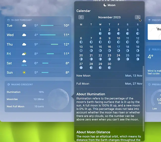See the phases of the moon on a calendar.