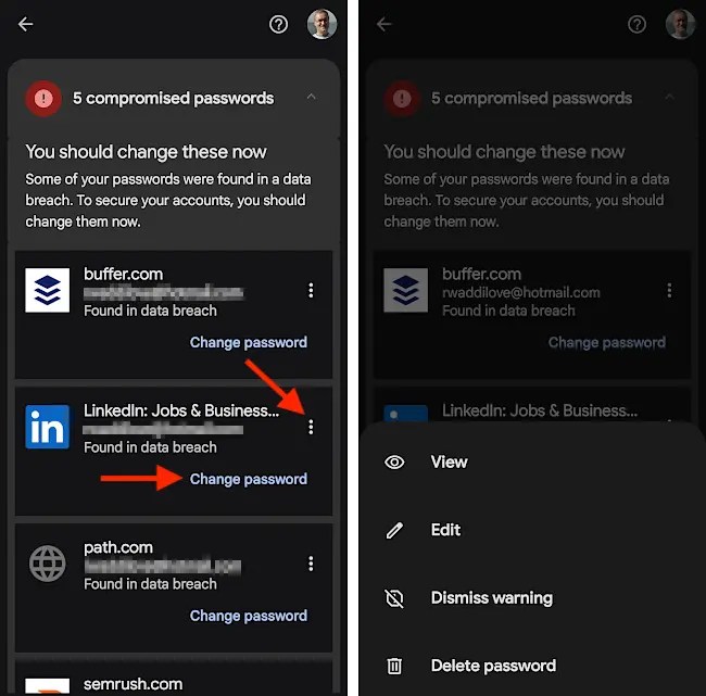 The results of the Password Checkup feature in Chrome on a phone.