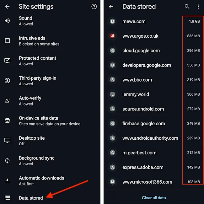 Websites storage usage in Chrome settings on a phone.