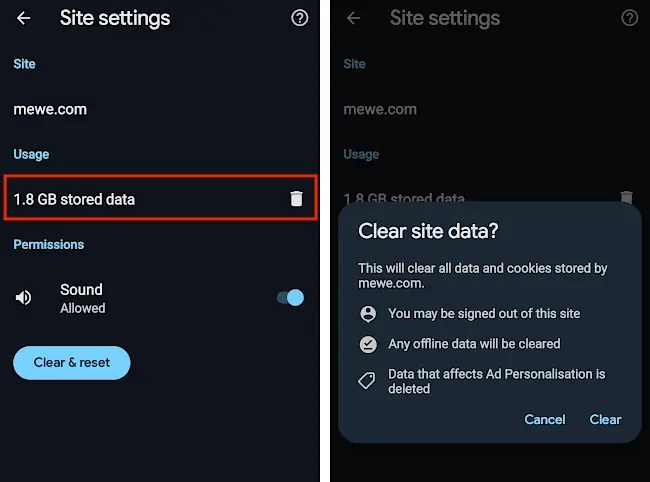 Clear website data to recover used storage on an Android phone.