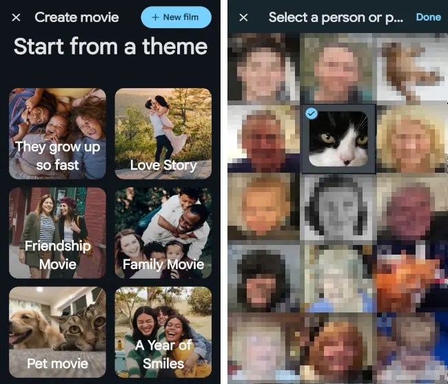 Select a theme for a video in Google Photos for phones.