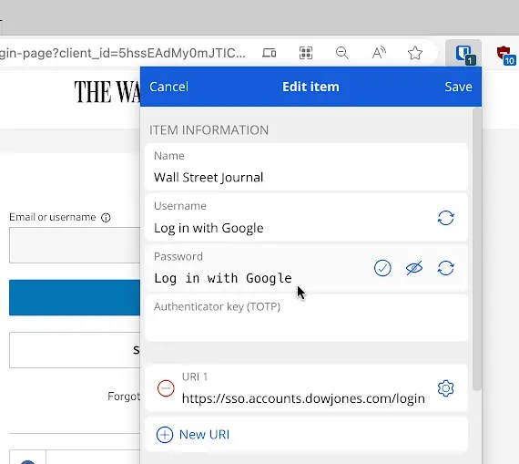 Create a login item in Bitwarden password manager.