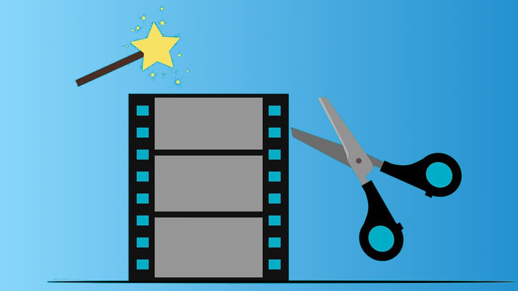 Film strip and scissors video editing illustration.
