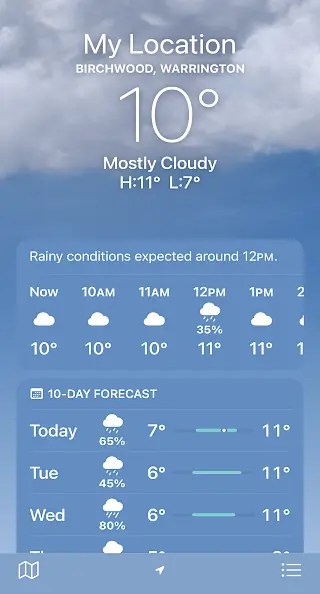 Apple Weather app home screen on the iPhone.