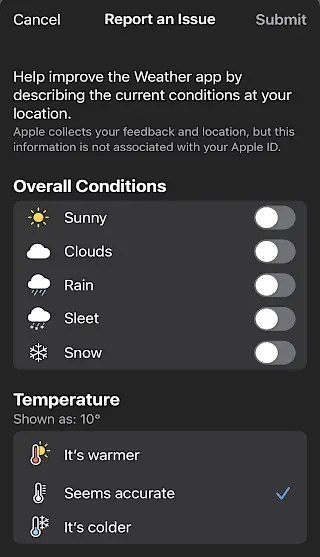 Apple Weather app report the weather.