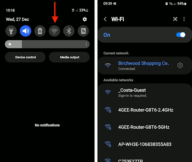 Screenshot showing pressing and holding an icon in the notifications panel to open the Settings app.