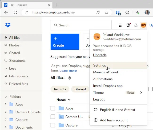 Dropbox browser menu.